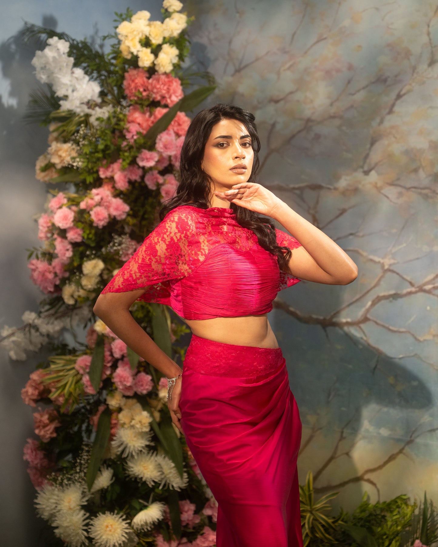 Indo-Western draped skirt set with lace cape blouse