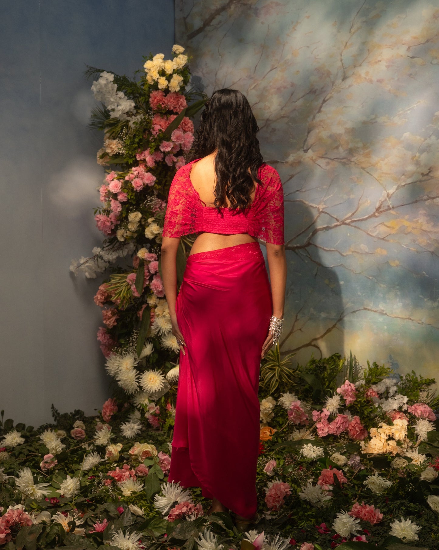 Indo-Western draped skirt set with lace cape blouse