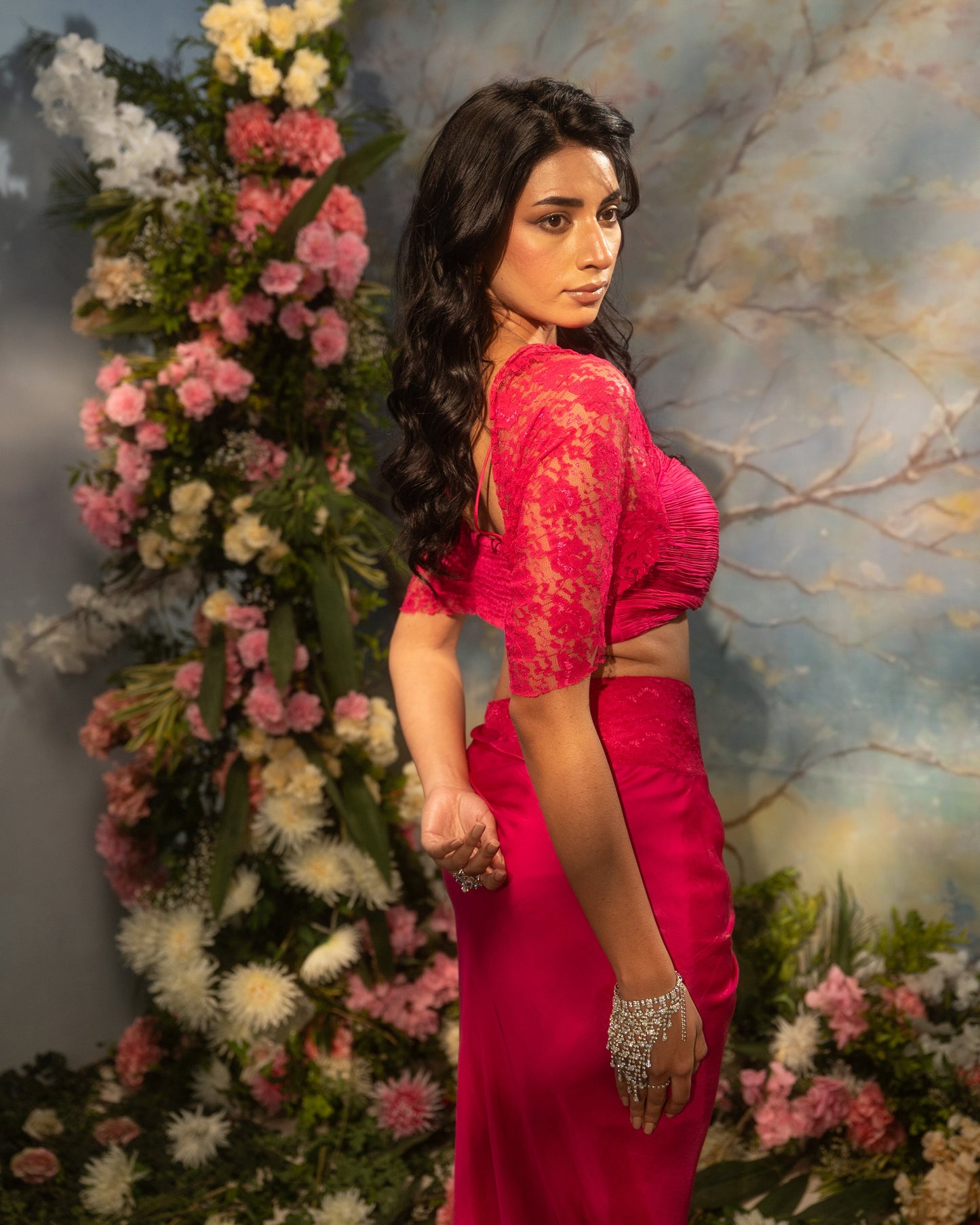 Indo-Western draped skirt set with lace cape blouse