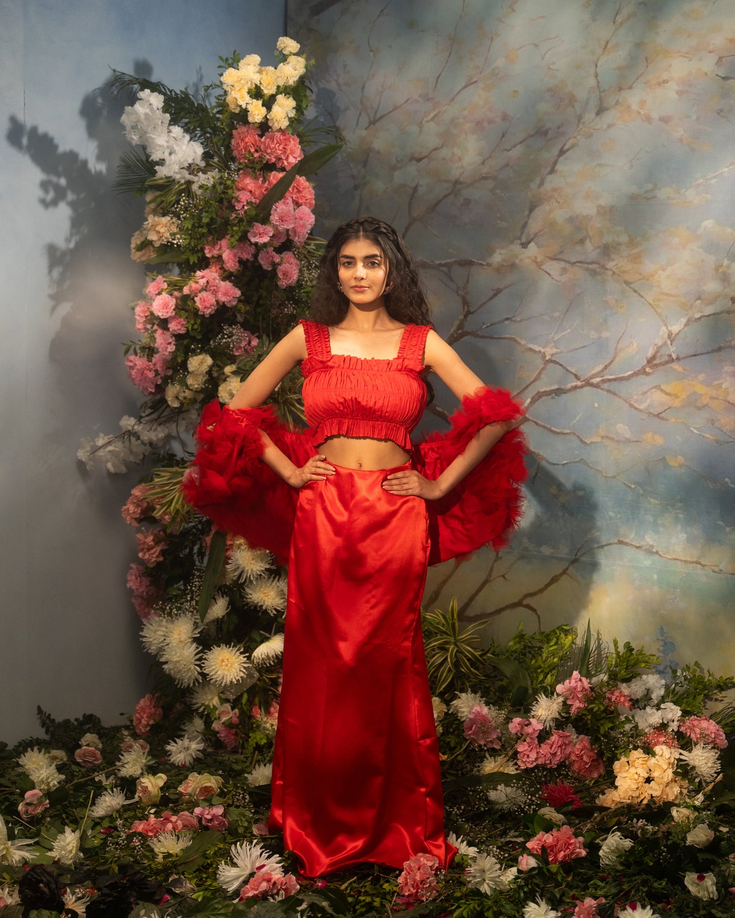 Red organza Indo-Western jacket with dramatic ruffle detailing