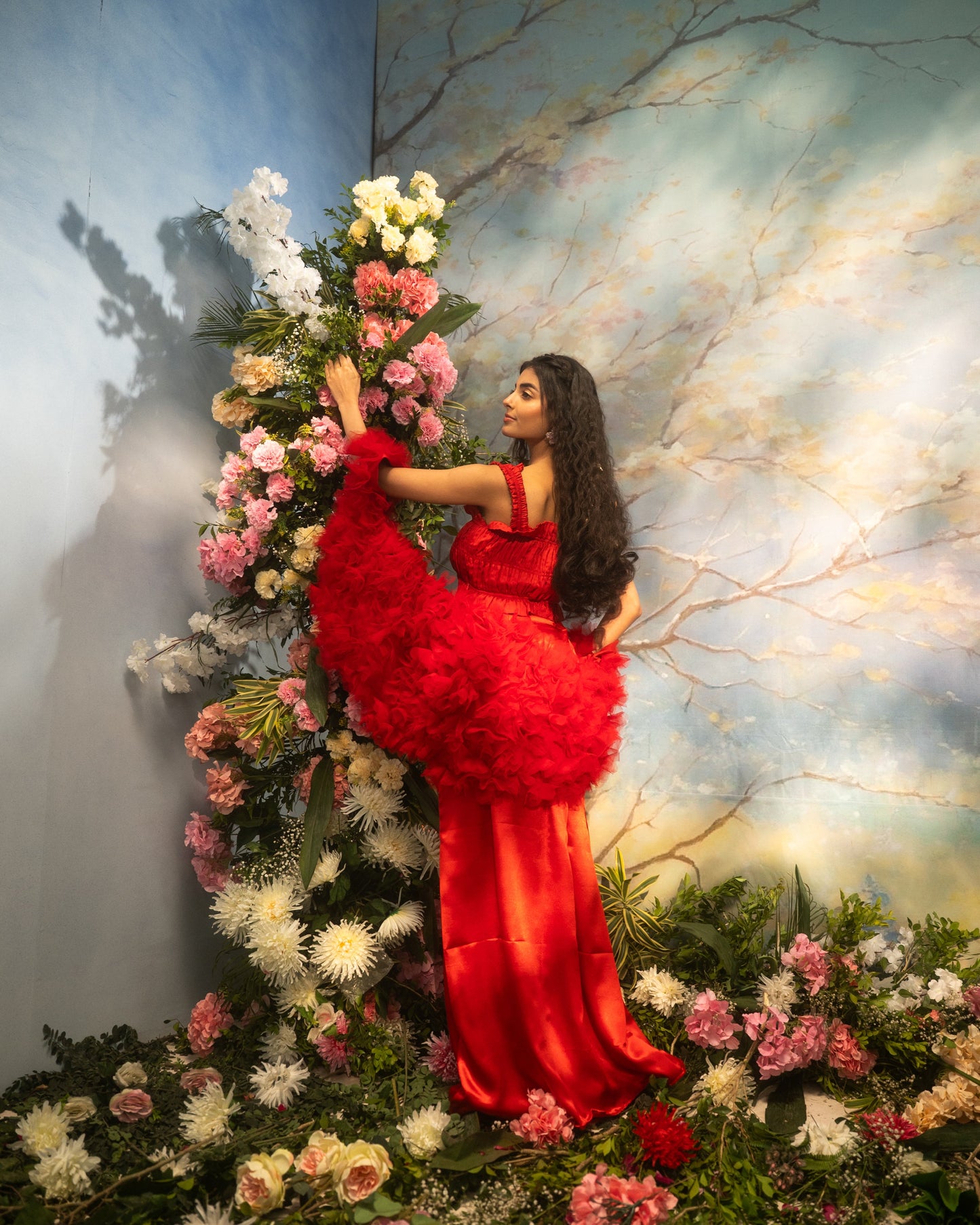 Red organza Indo-Western jacket with dramatic ruffle detailing