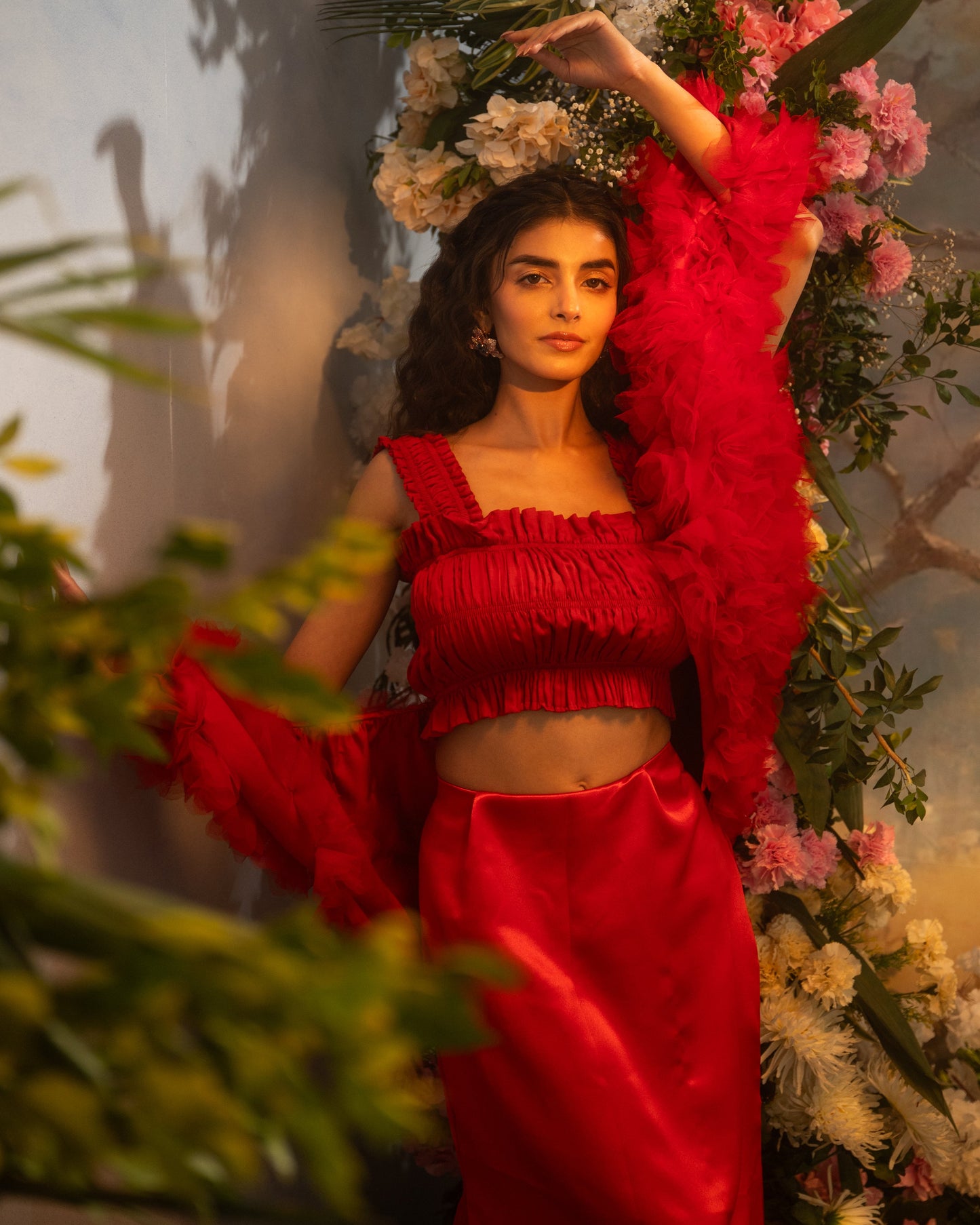 Red organza Indo-Western jacket with dramatic ruffle detailing