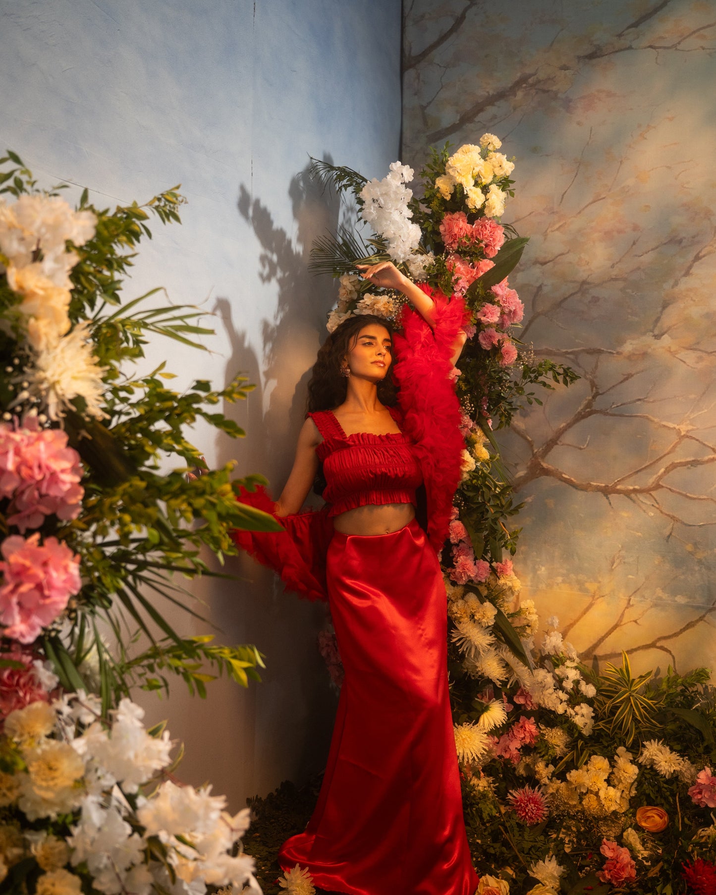 Red organza Indo-Western jacket with dramatic ruffle detailing