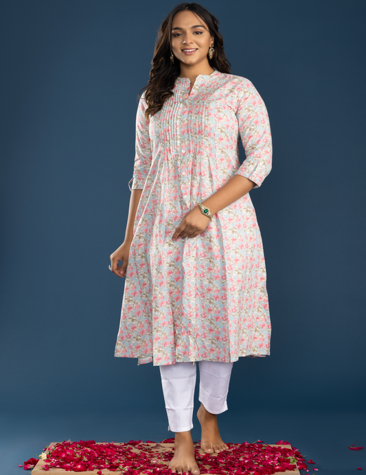 Pink Grey Cotton Printed Straight Kurti