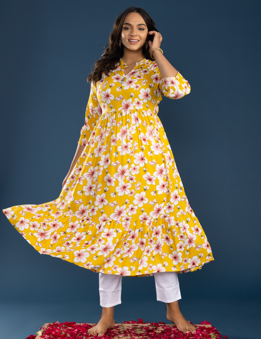 Yellow Floral Printed Rayon Kurti