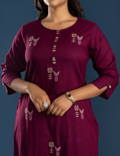 Wine Rayon Kurta Pant Set with Round Neck