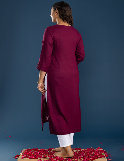 Wine Rayon Kurta Pant Set with Round Neck