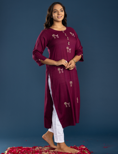 Wine Rayon Kurta Pant Set with Round Neck