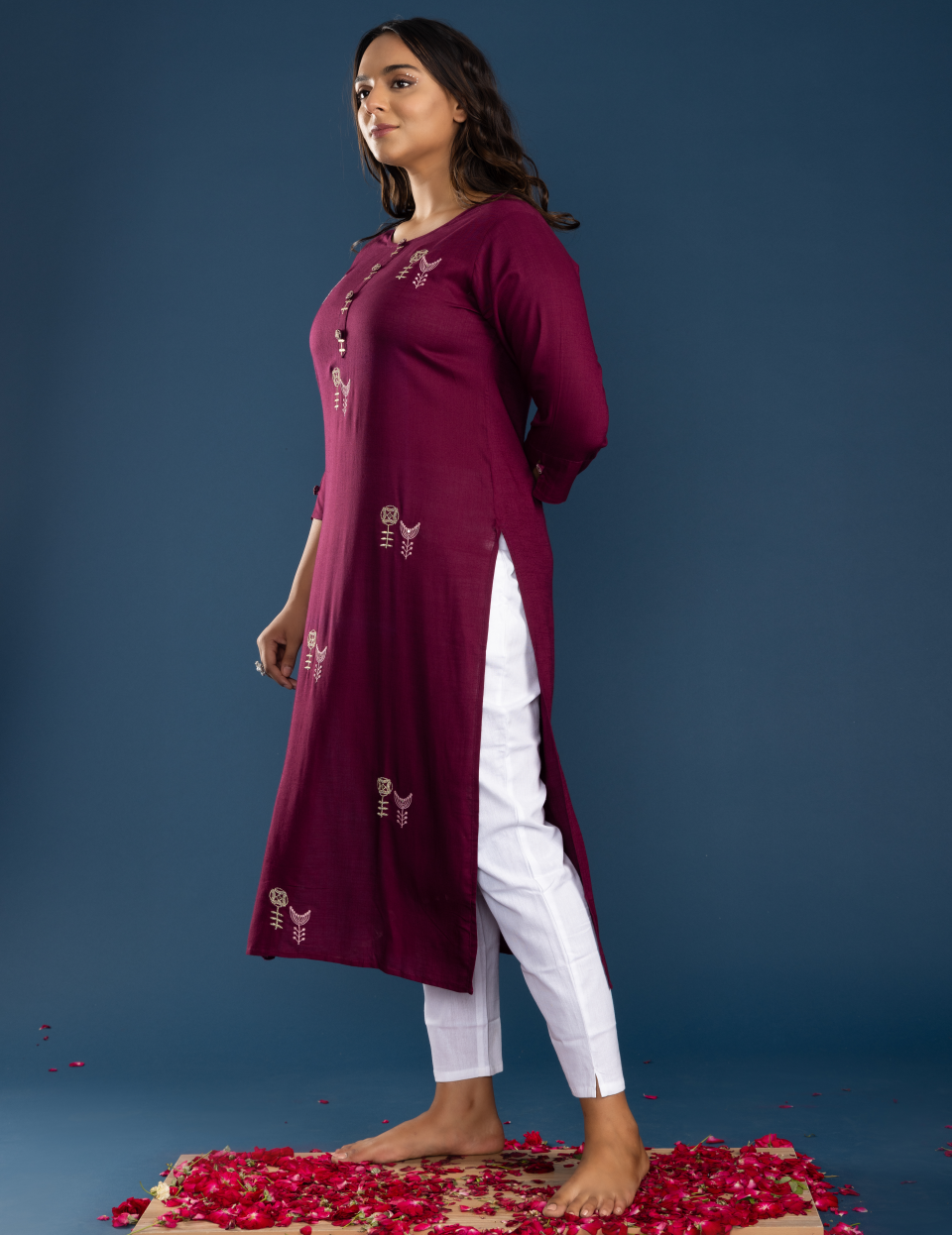 Wine Rayon Kurta Pant Set with Round Neck