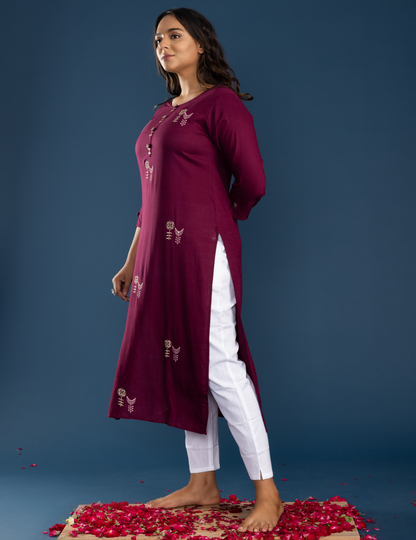 Wine Rayon Kurta Pant Set with Round Neck