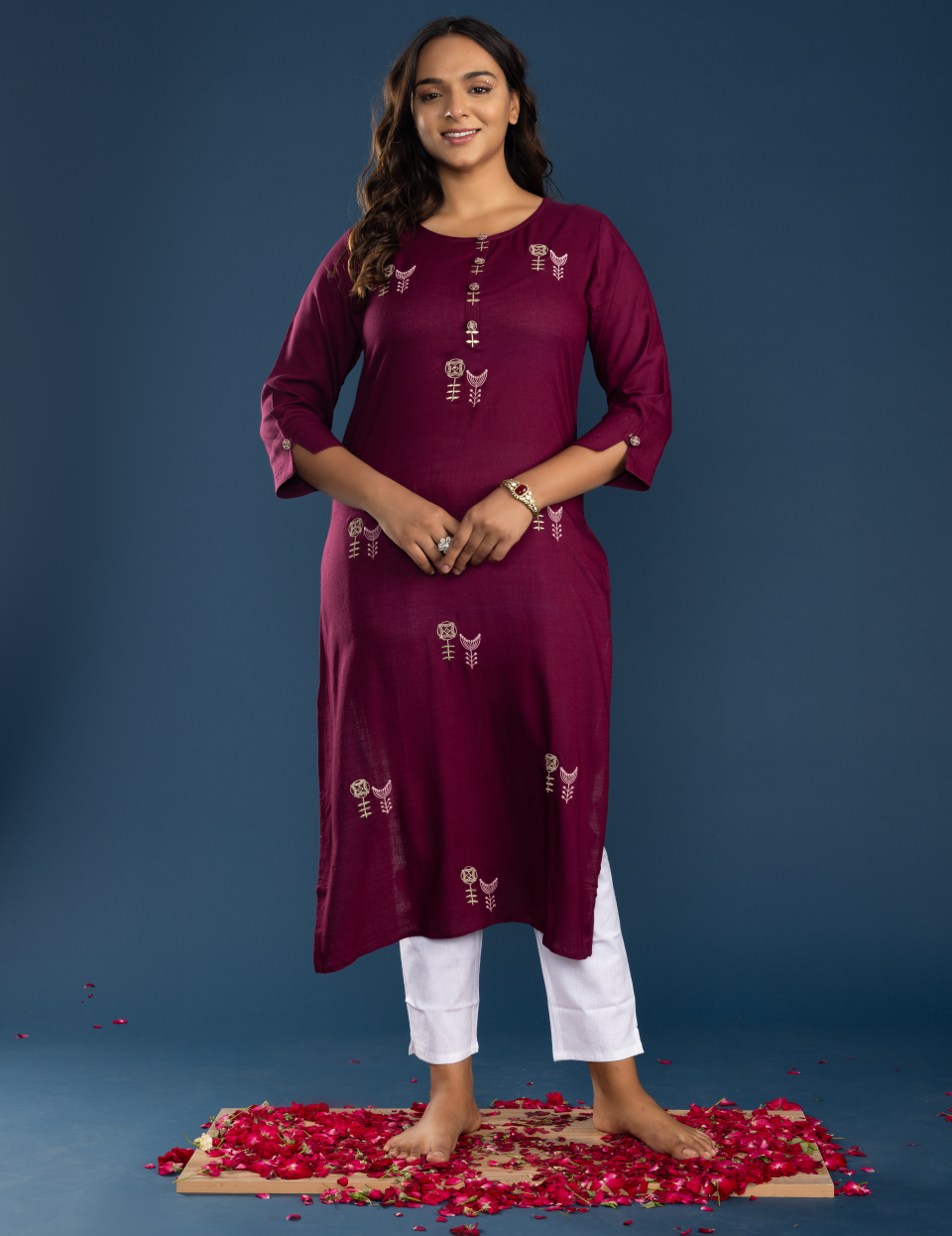 Wine Rayon Kurta Pant Set with Round Neck