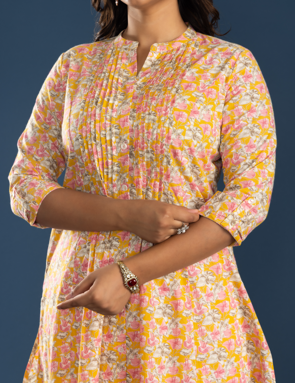 Pink Yellow Cotton Floral Printed Straight Kurti