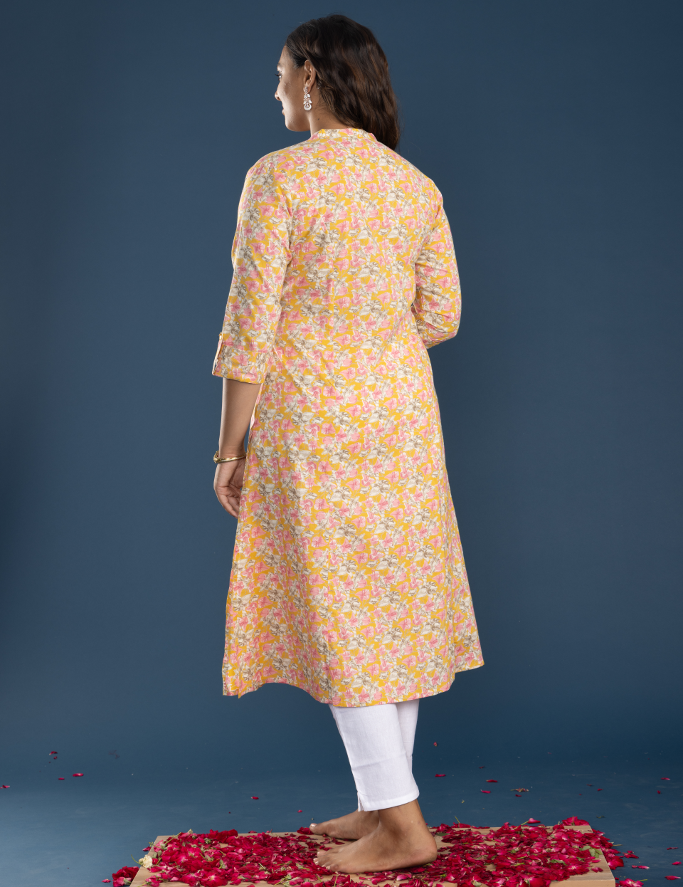 Pink Yellow Cotton Floral Printed Straight Kurti