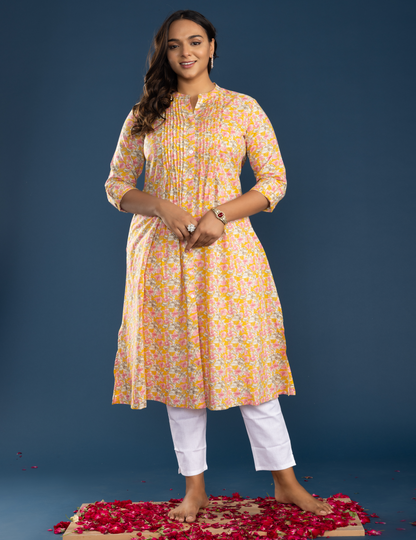 Pink Yellow Cotton Floral Printed Straight Kurti