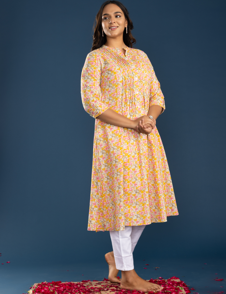 Pink Yellow Cotton Floral Printed Straight Kurti