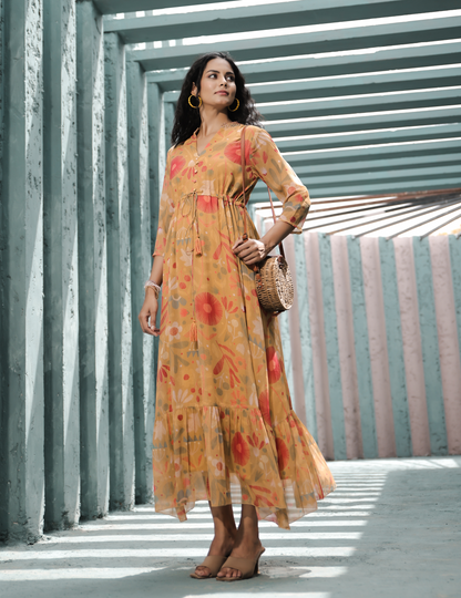 Mustard Printed Chiffon with Lining Gown