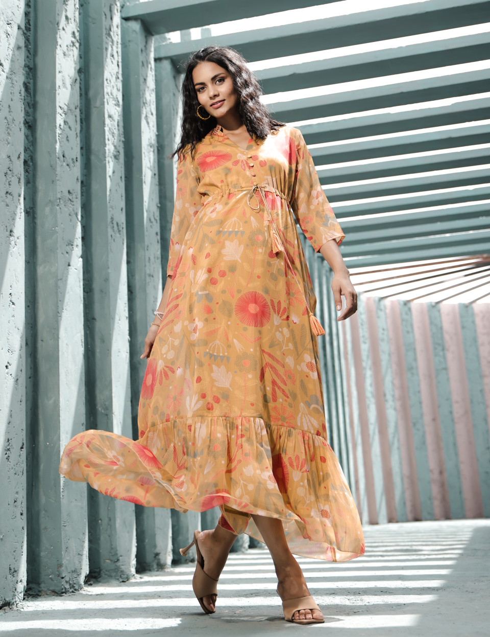 Mustard Printed Chiffon with Lining Gown