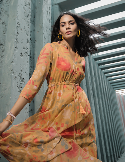 Mustard Printed Chiffon with Lining Gown