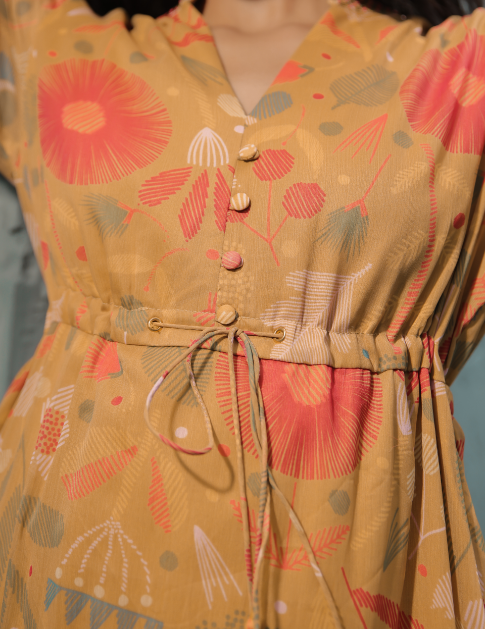 Mustard Printed Chiffon with Lining Gown