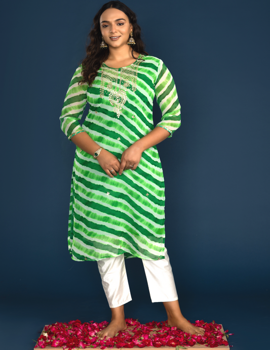 Green Leheriya Georgette Kurti with Gotta Work