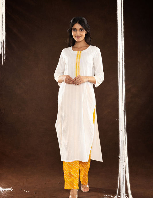 White Yellow Cotton Straight Kurti