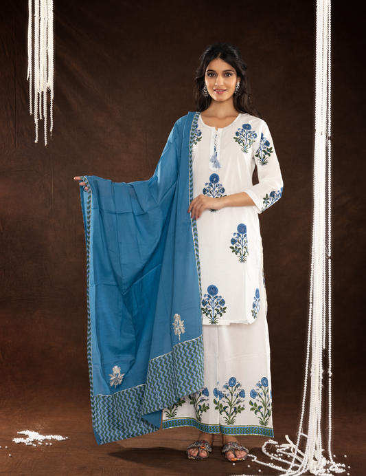 White Blue Cotton Dupatta Set