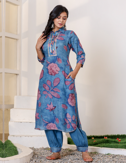 Blue Pure Muslin Kurti Set