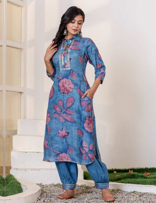 Blue Pure Muslin Kurti Set