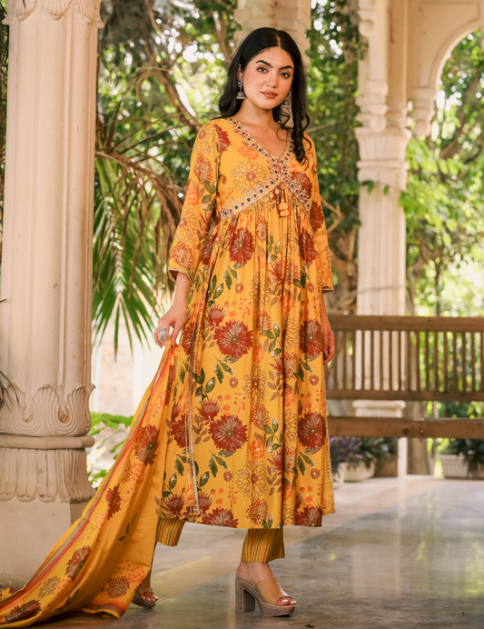 Mustard Modal Floral Printed Dupatta Set