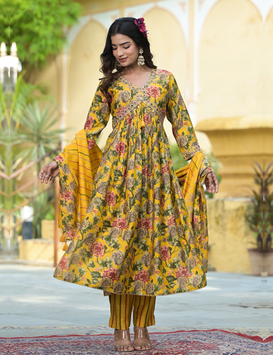 Yellow Modal Floral Printed Dupatta Set