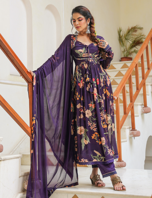 Navy Pure Chinon Dupatta Set